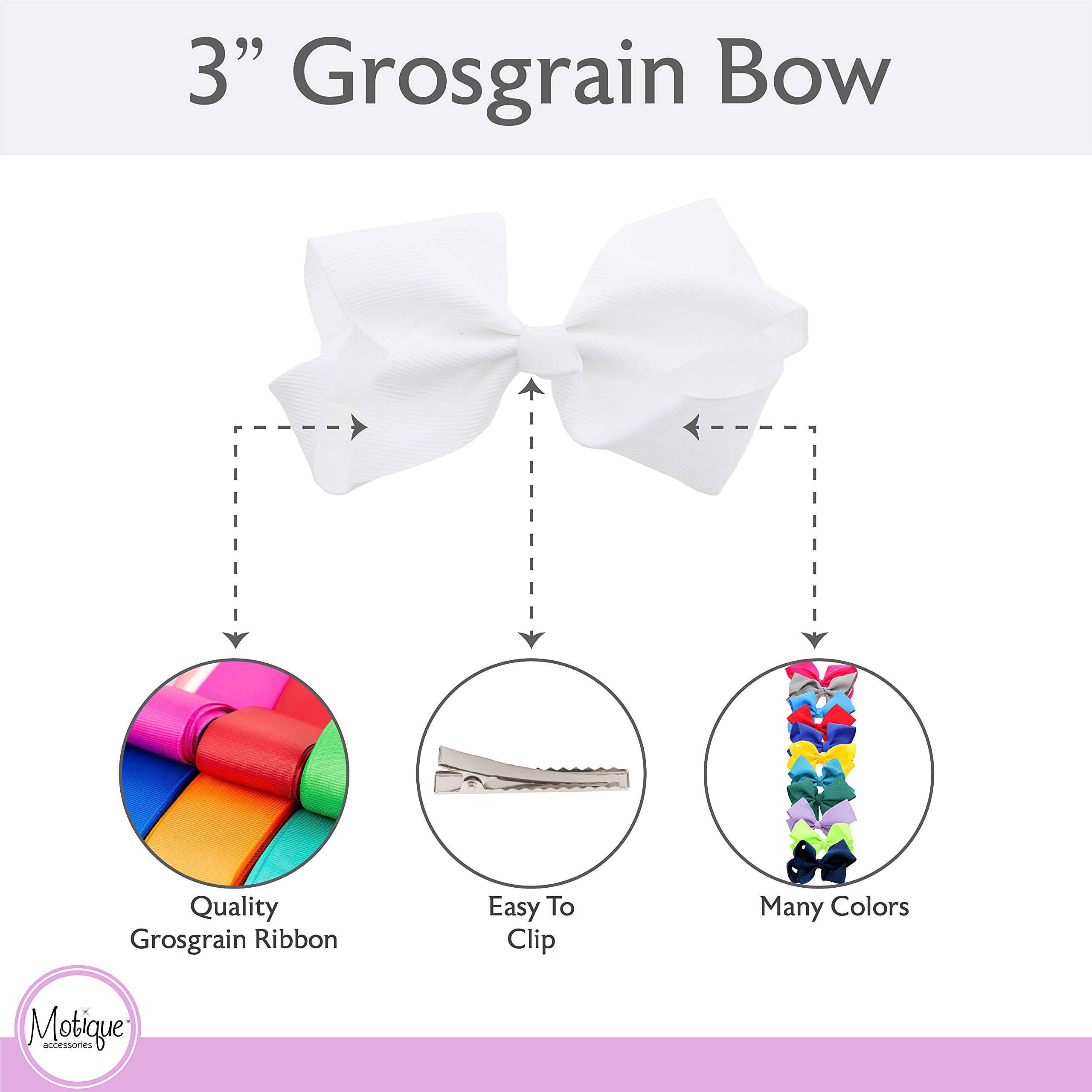 Motique Accessories white bow clips bring easy styling for school events.