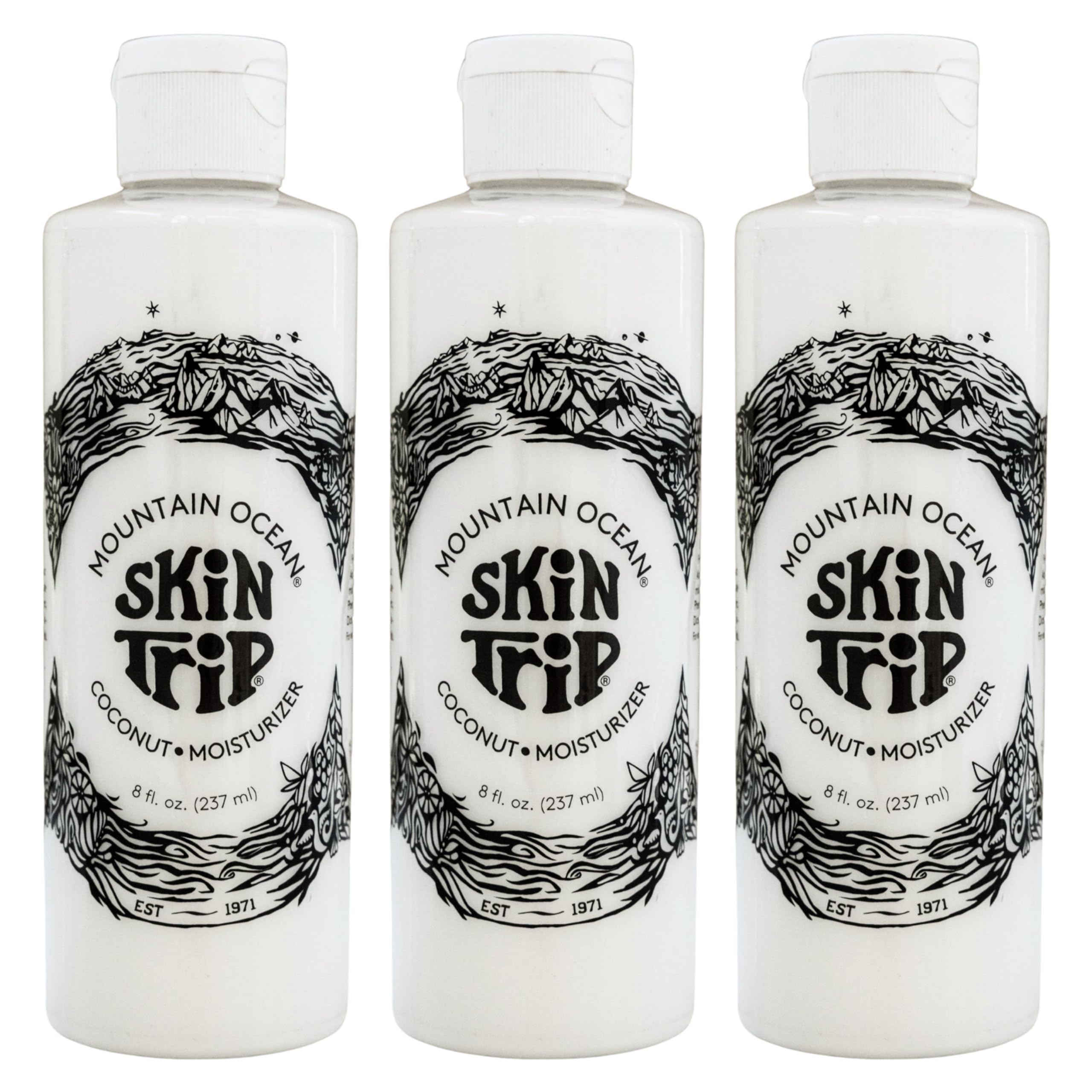 Mountain Ocean Skin Trip coconut lotion bottle demonstrates lightweight daily hydration for the skin