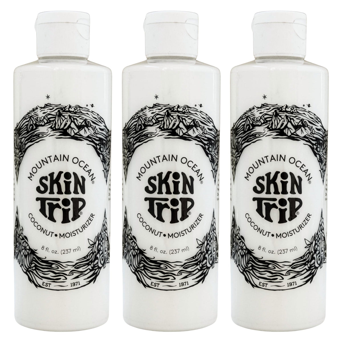 Mountain Ocean Skin Trip coconut lotion bottle demonstrates lightweight daily hydration for the skin