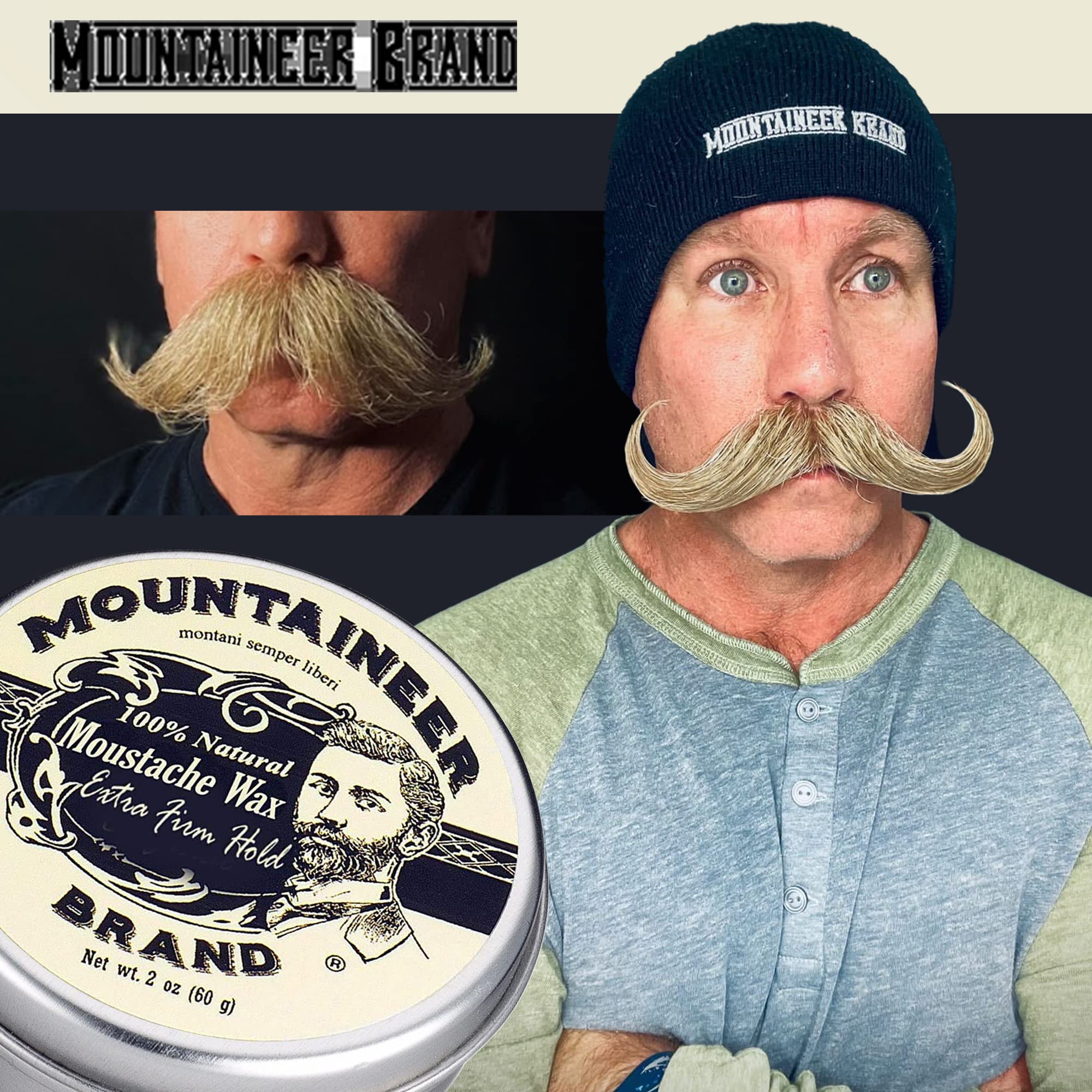 Sculpted-stache close-up shows long-lasting hold on various moustache styles.