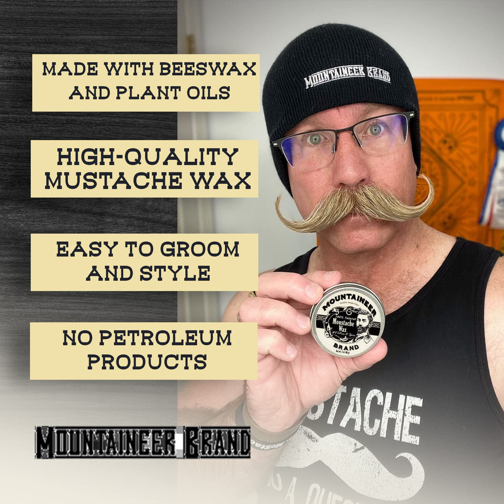 Styled stache using Mountaineer Brand Unscented Mustache Wax with strong, yet comfortable hold.
