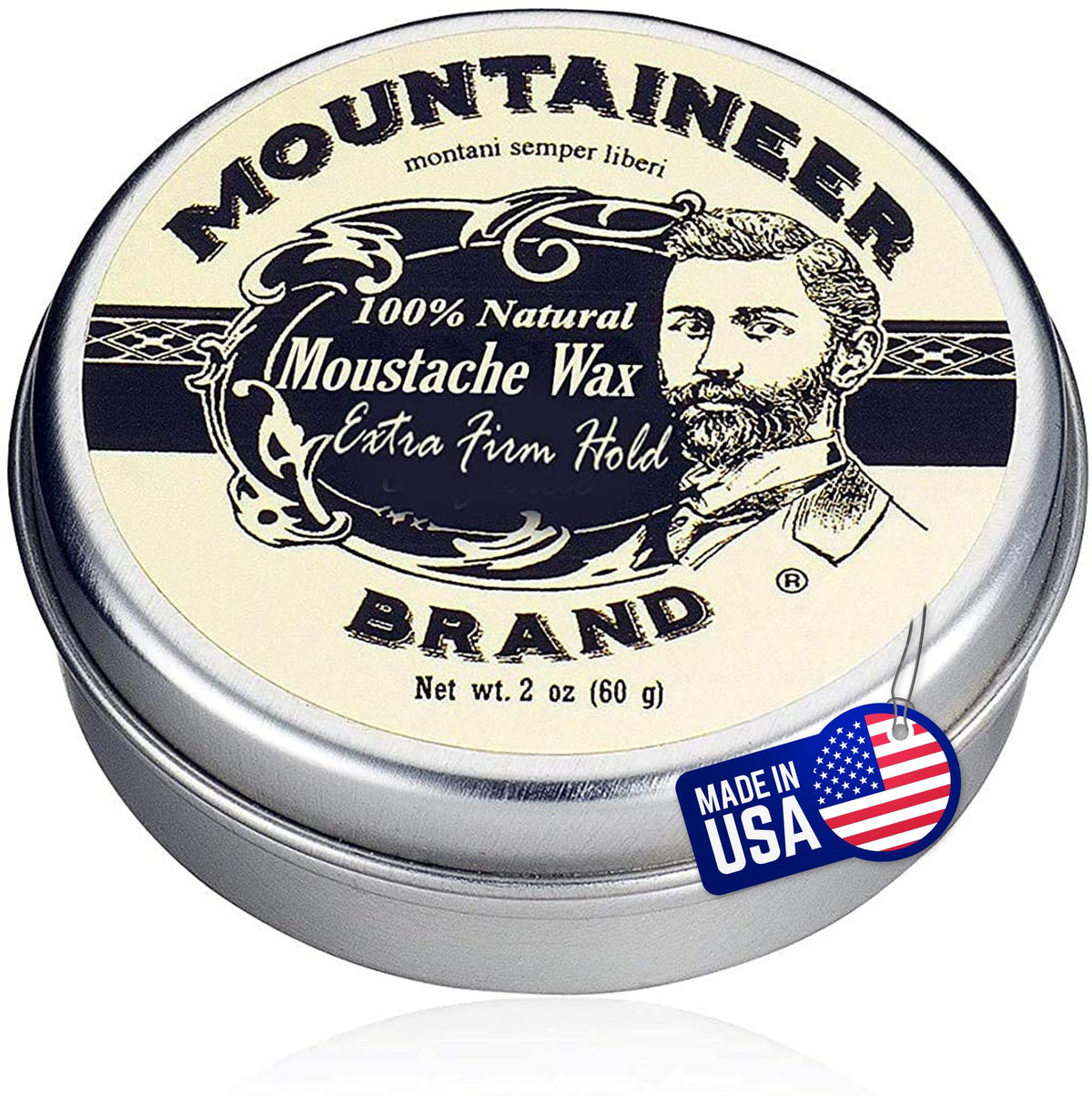 Mountaineer Brand Unscented Mustache Wax tin ready for use, offering long-lasting hold.