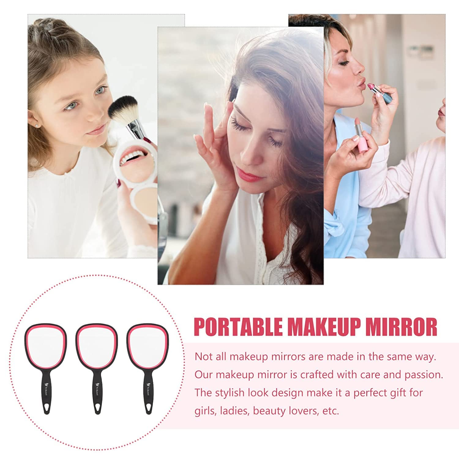 mpowtech handheld mirror – side view demonstrates comfortable grip and non-slip texture.