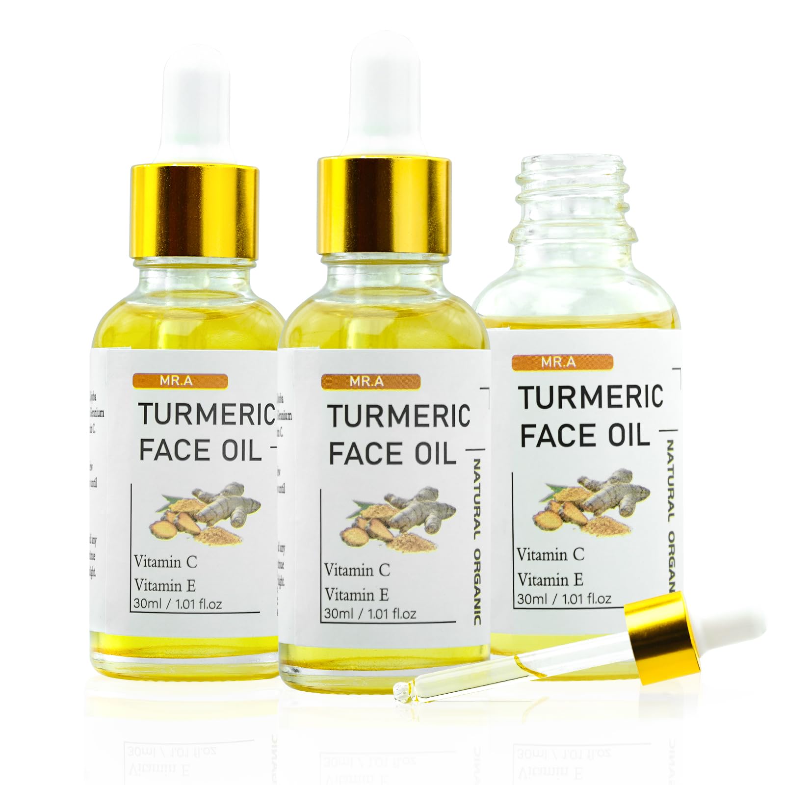 MR.A 3Pack Aceite de Cúrcuma frascos 1onza para rostro y cuerpo, hidrata la piel