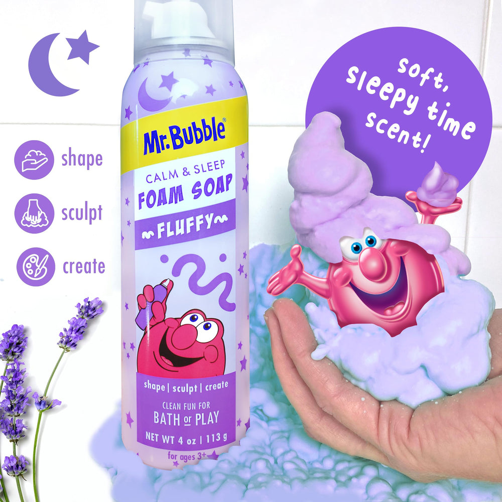 Mr. Bubble espuma morada para baño, textura suave para juego sensorial.