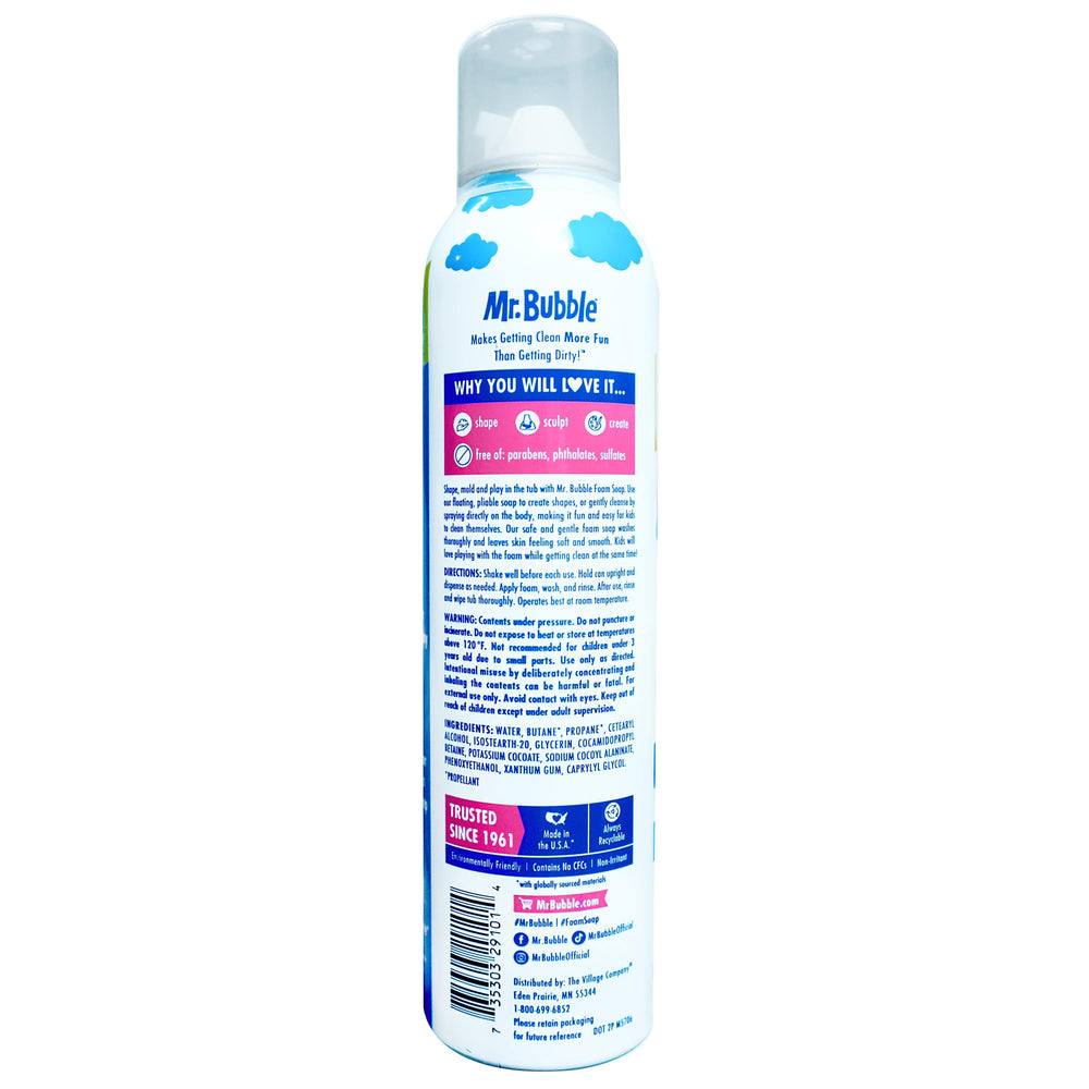 Mr. Bubble foam soap pump nozzle shown for easy dispensing.