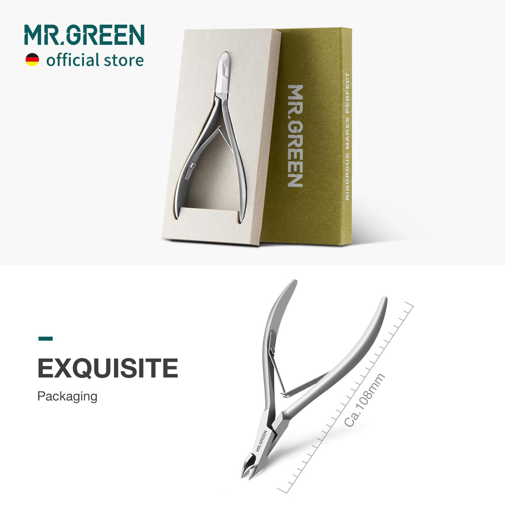 MR.GREEN Cuticle Nippers in use showing precise trimming in a manicure session