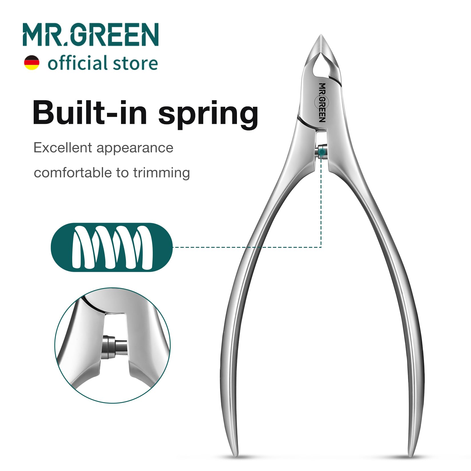 MR.GREEN Cuticle Nippers matte finish resists rust for lasting performance.