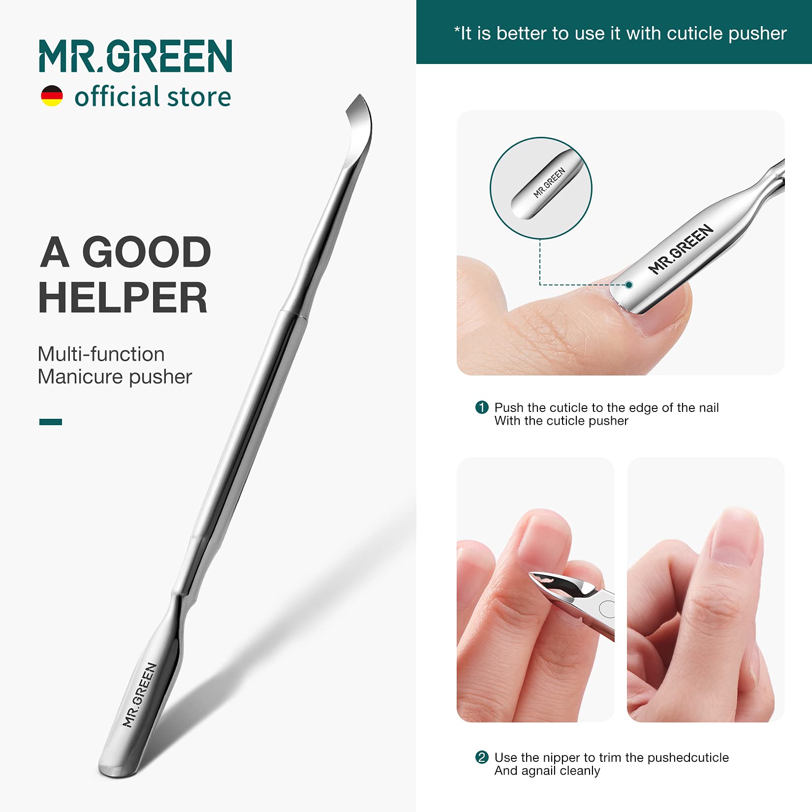 MR.GREEN cuticle nippers symmetric spring for smooth trimming.