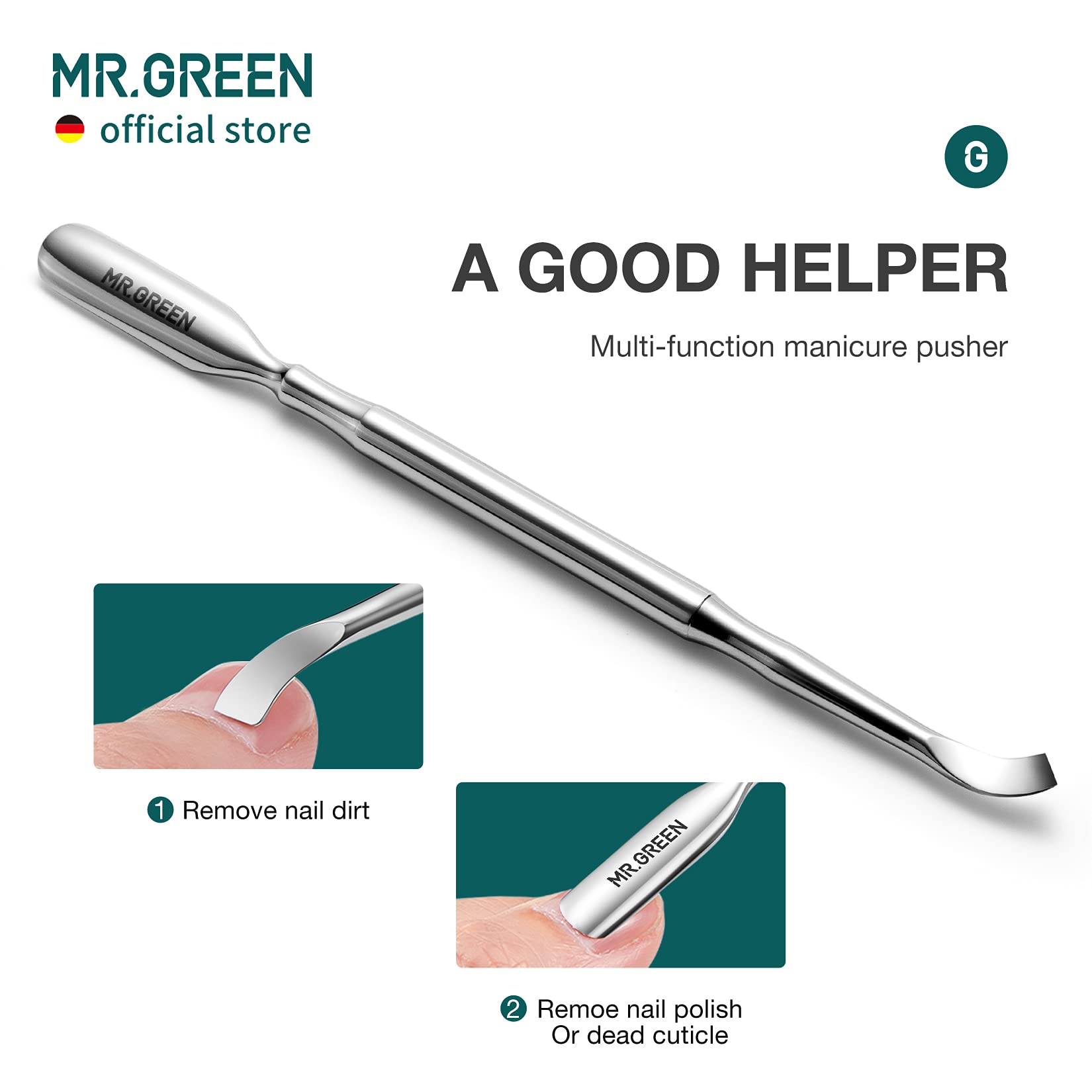 MR.GREEN cuticle nippers medical-grade stainless steel body.