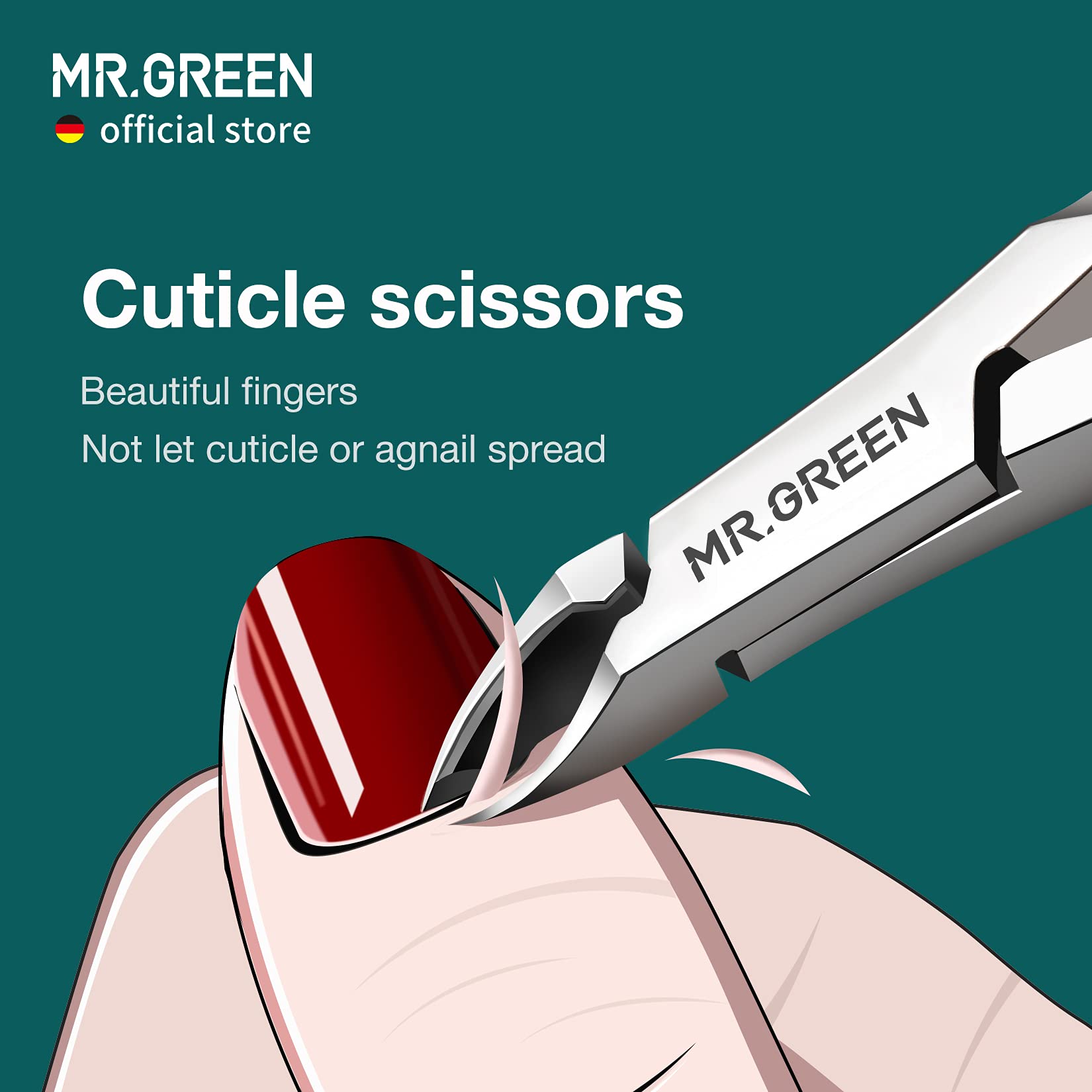 MR.GREEN cuticle nippers in action trimming cuticle cleanly.