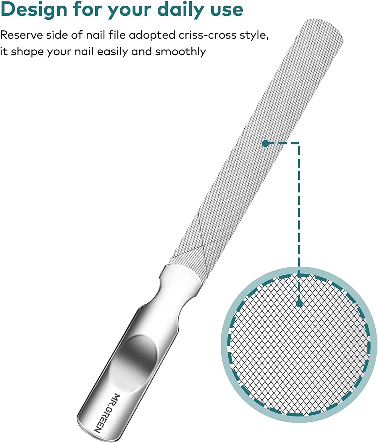 MR.GREEN nail file highlighting anti-slip handle for precise control