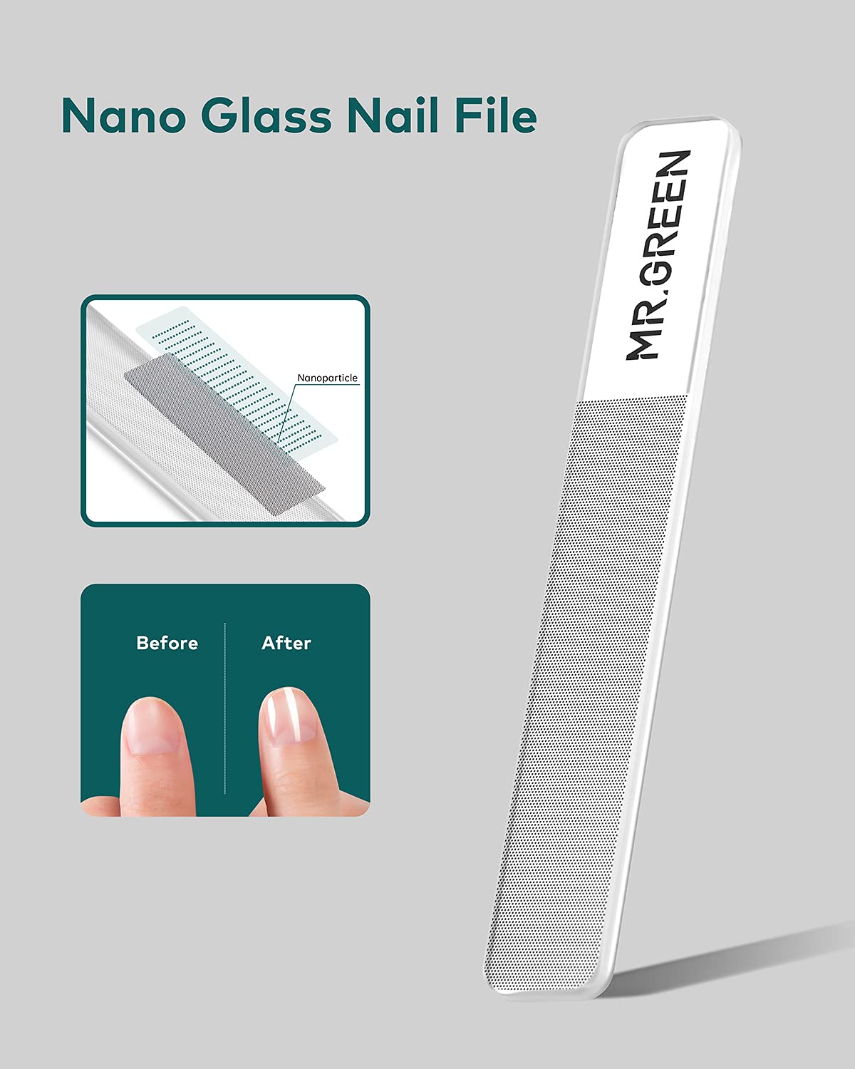 MR.GREEN Nano glass nail file in action polishes natural nails.