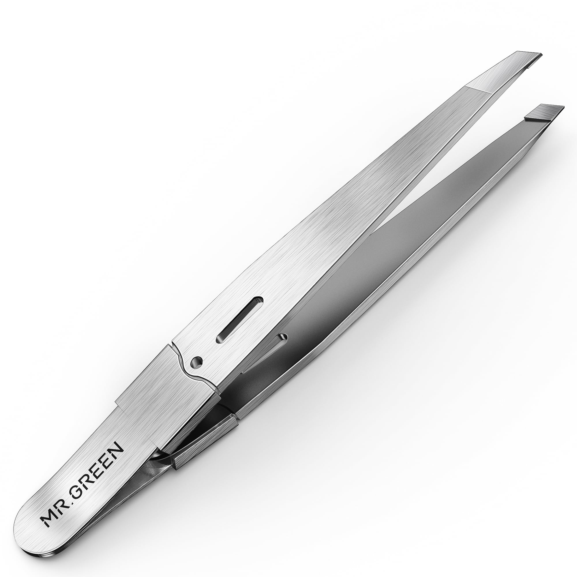 MR.GREEN tweezers with stainless steel slant tip for precise hair removal.