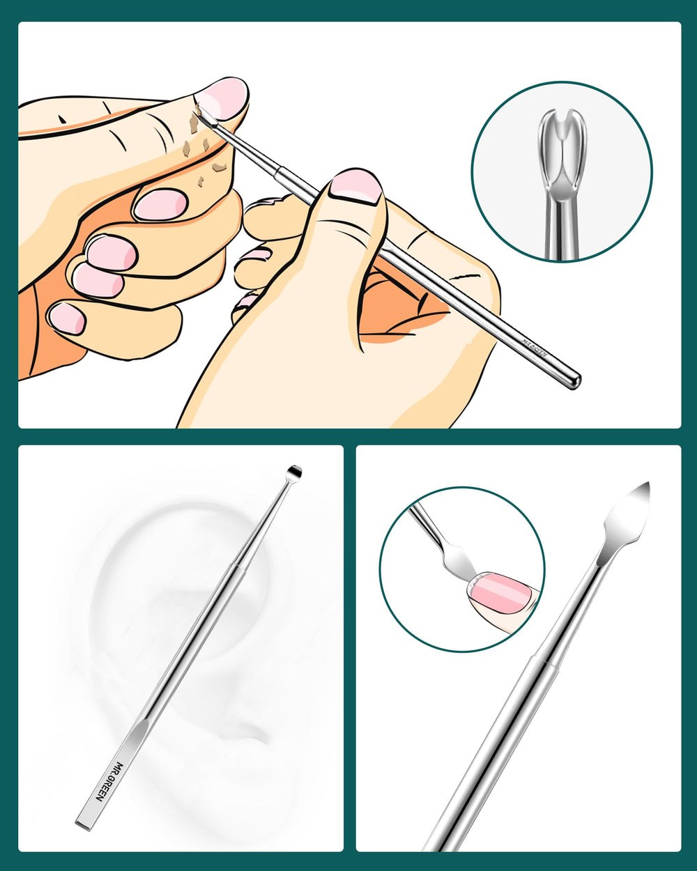 MR.GREEN V-shaped push stick supports careful nail care.