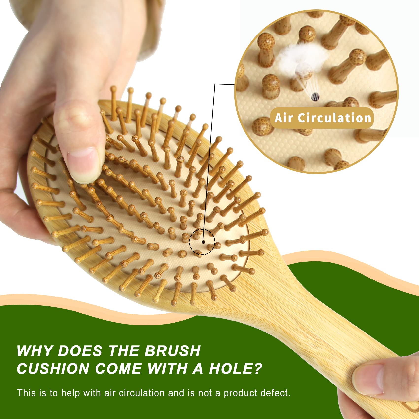 MRD bamboo hairbrush ergonomic handle provides comfortable brushing through thick or curly hair
