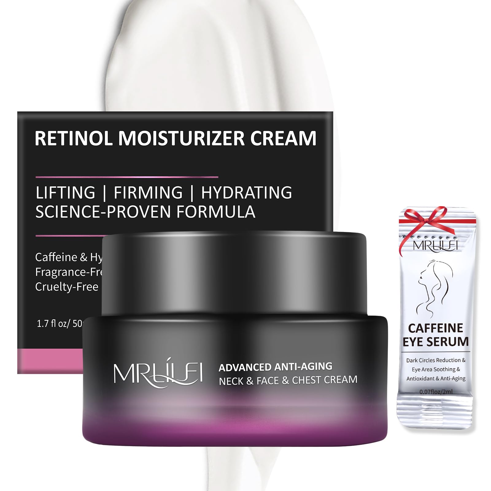MRLILEI Neck Cream texture close-up showing silky, fast-absorbing formula.