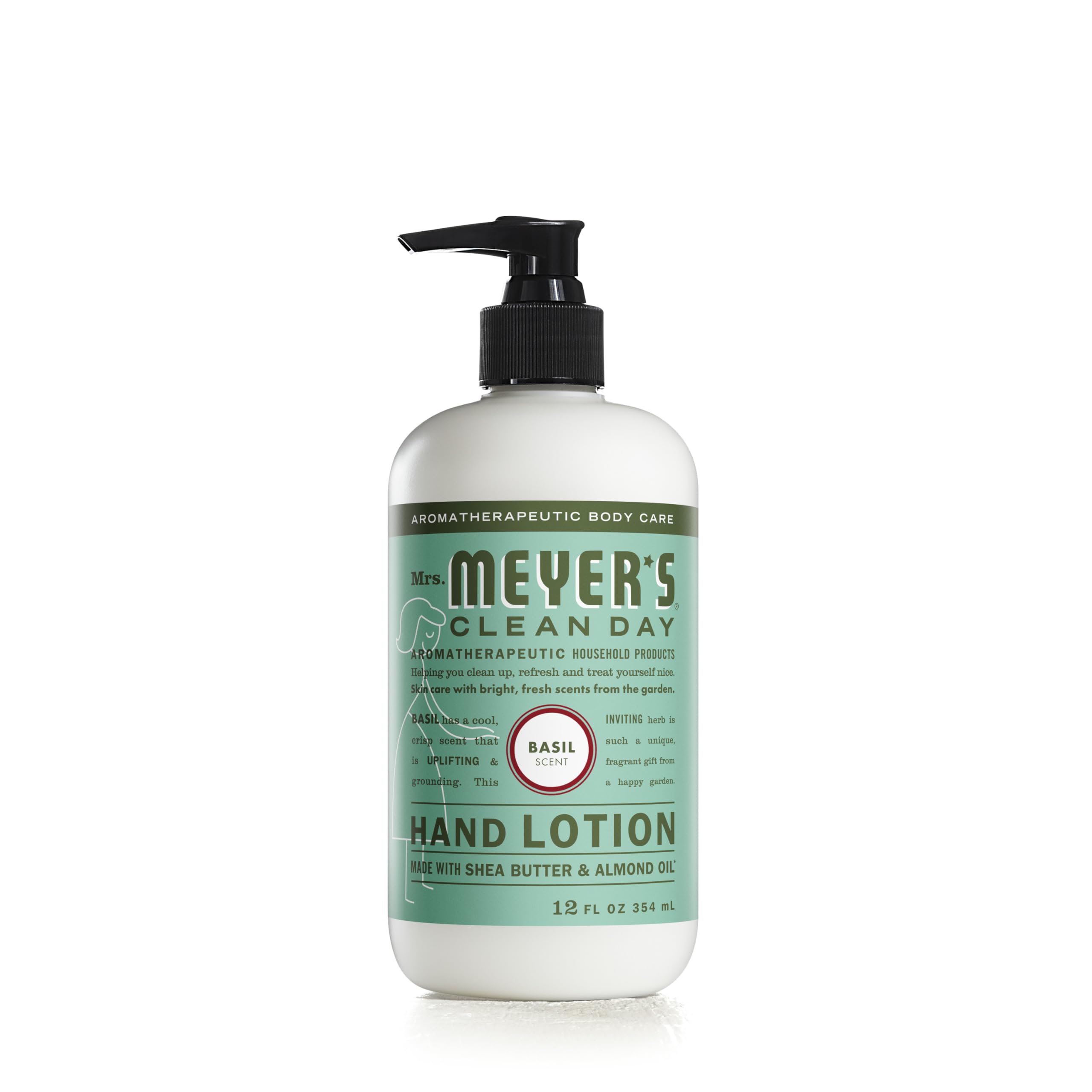 Mrs. Meyer's Basil hand lotion bottle highlights non-greasy moisture for dry hands