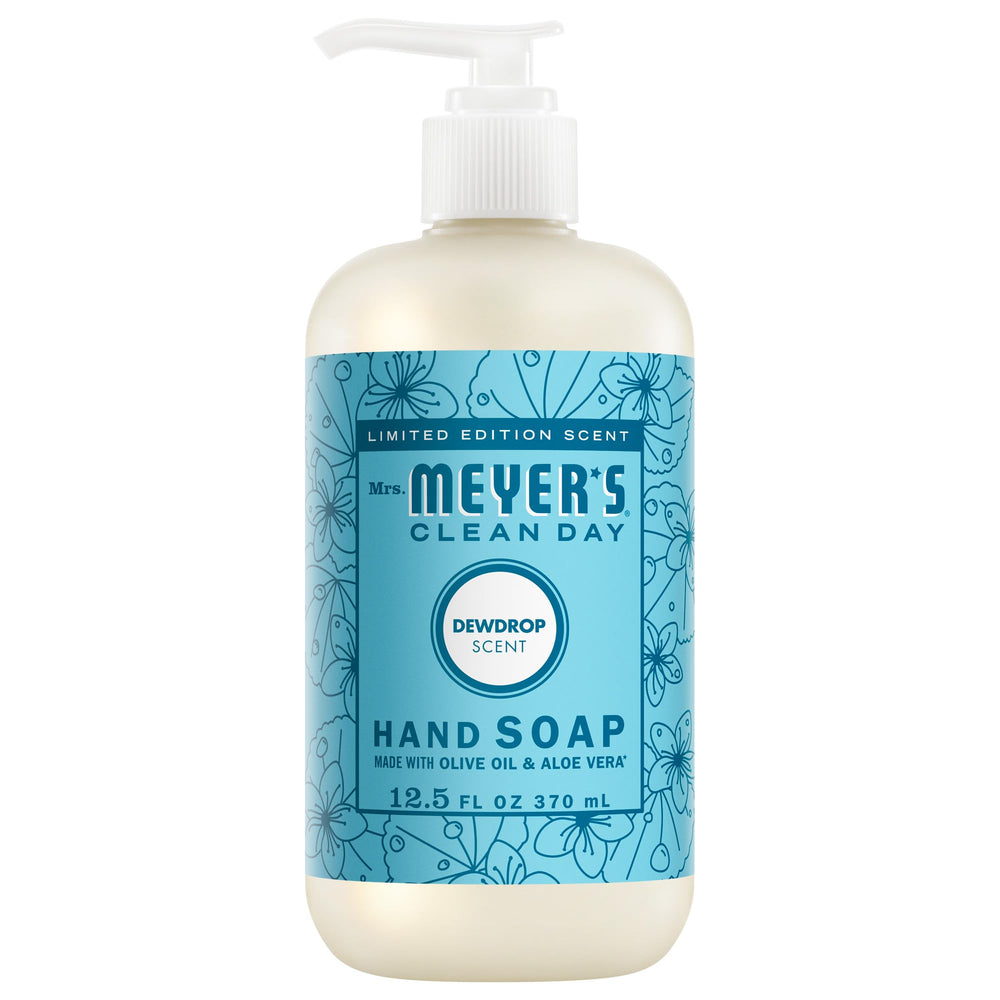 Mrs. Meyer’s Clean Day Dewdrop bottle showing the refreshing hand soap scent for daily use.