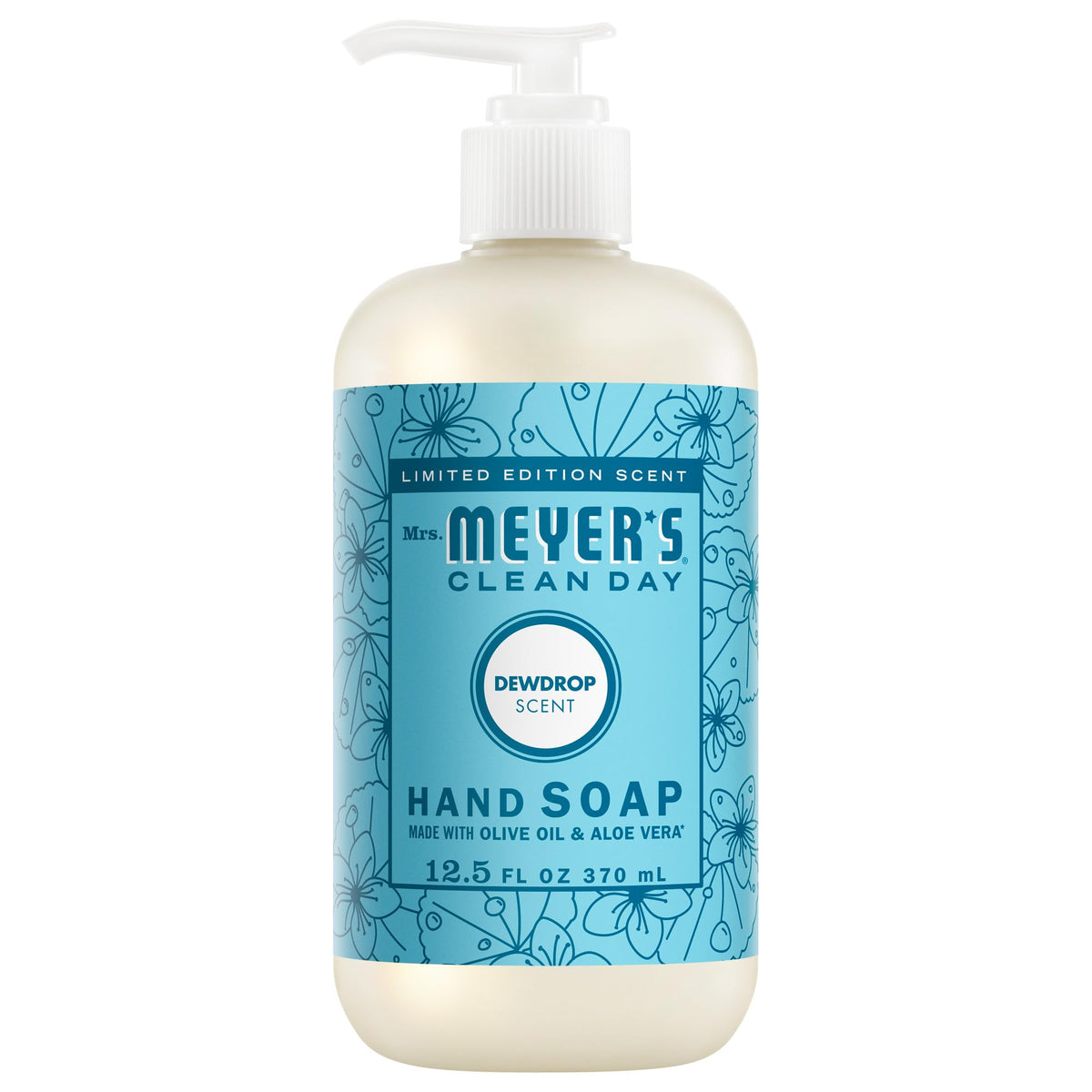 Mrs. Meyer’s Clean Day Dewdrop bottle showing the refreshing hand soap scent for daily use.