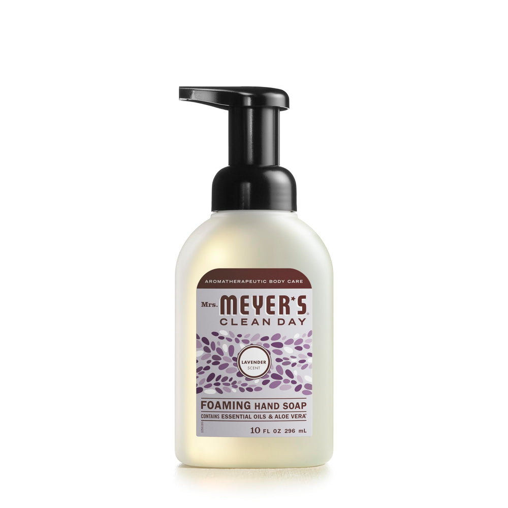 Mrs. Meyer's Clean Day Lavender foaming hand soap bottle pour for quick cleansing