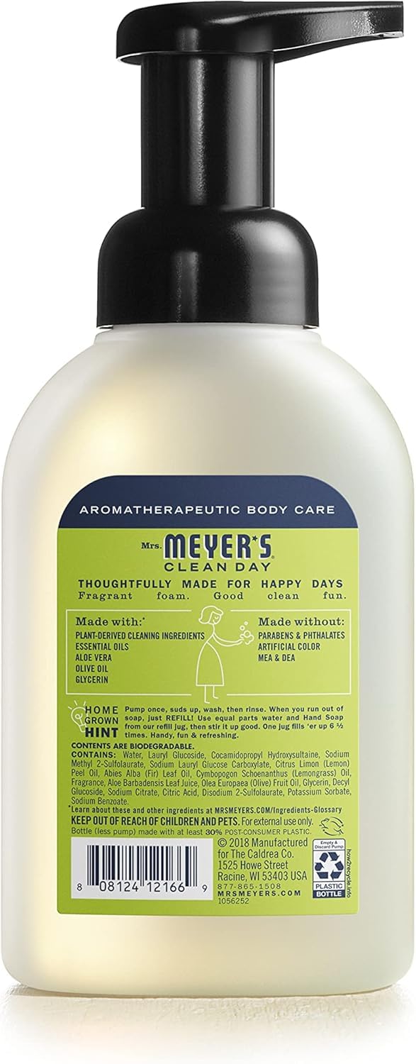 Label detail of Mrs. Meyer's Lemon Verbena foaming hand soap highlighting free-from ingredients.