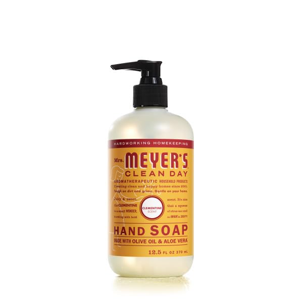 Mrs. Meyer's Clean Day Basil hand soap bottle with crisp scent for uplifting daily hand care.