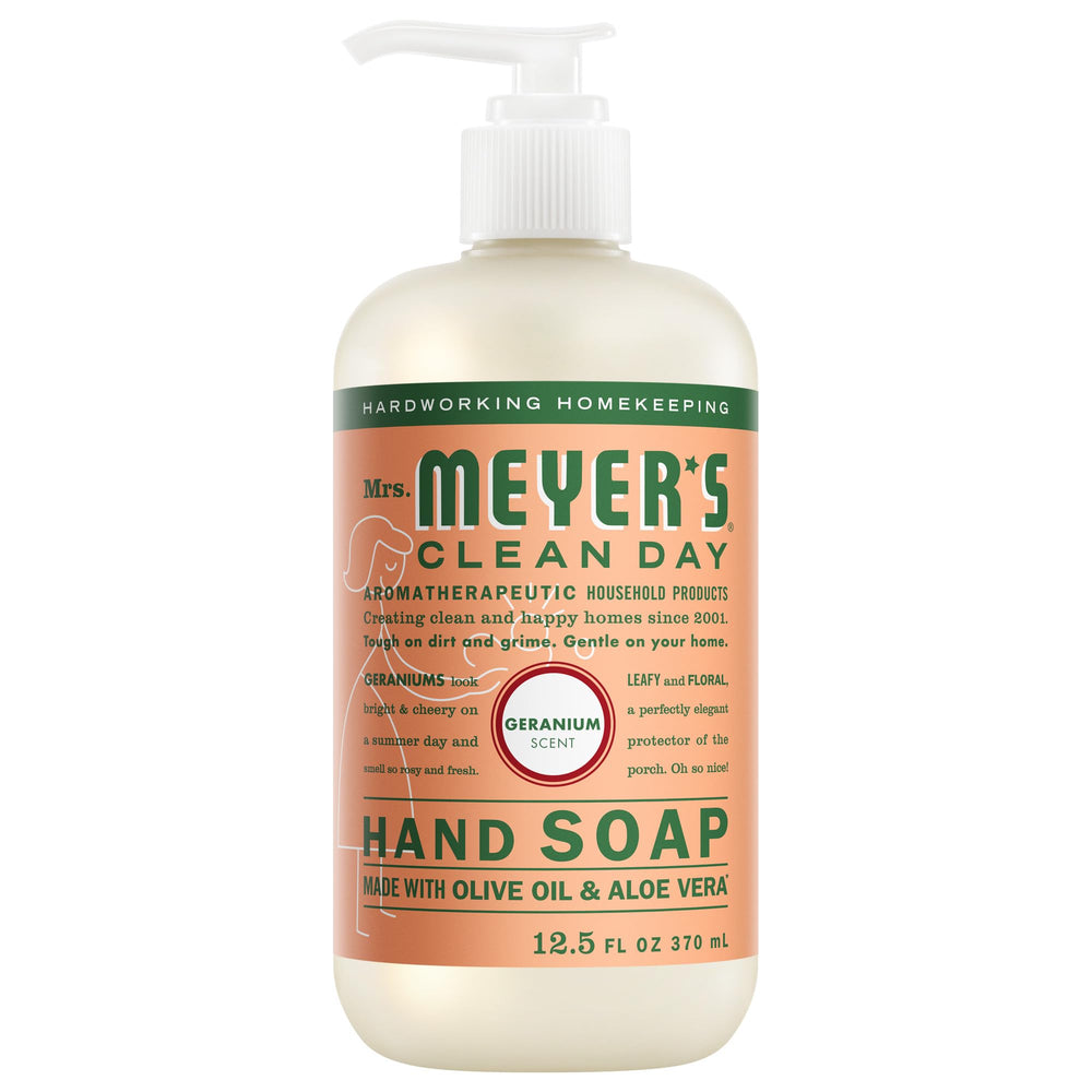 Mrs. Meyer's Clean Day hand soap bottle front with geranium scent for daily hand care