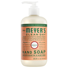 Mrs. Meyer's Clean Day hand soap bottle front with geranium scent for daily hand care