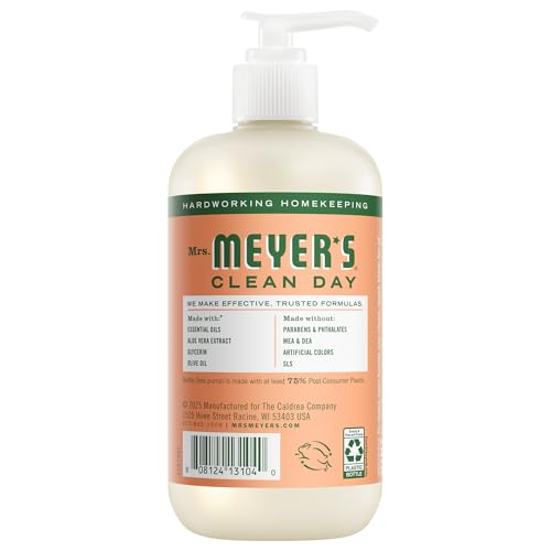 Mrs. Meyer's Clean Day hand soap pump bottle illustrating easy cleaning and moisturizing