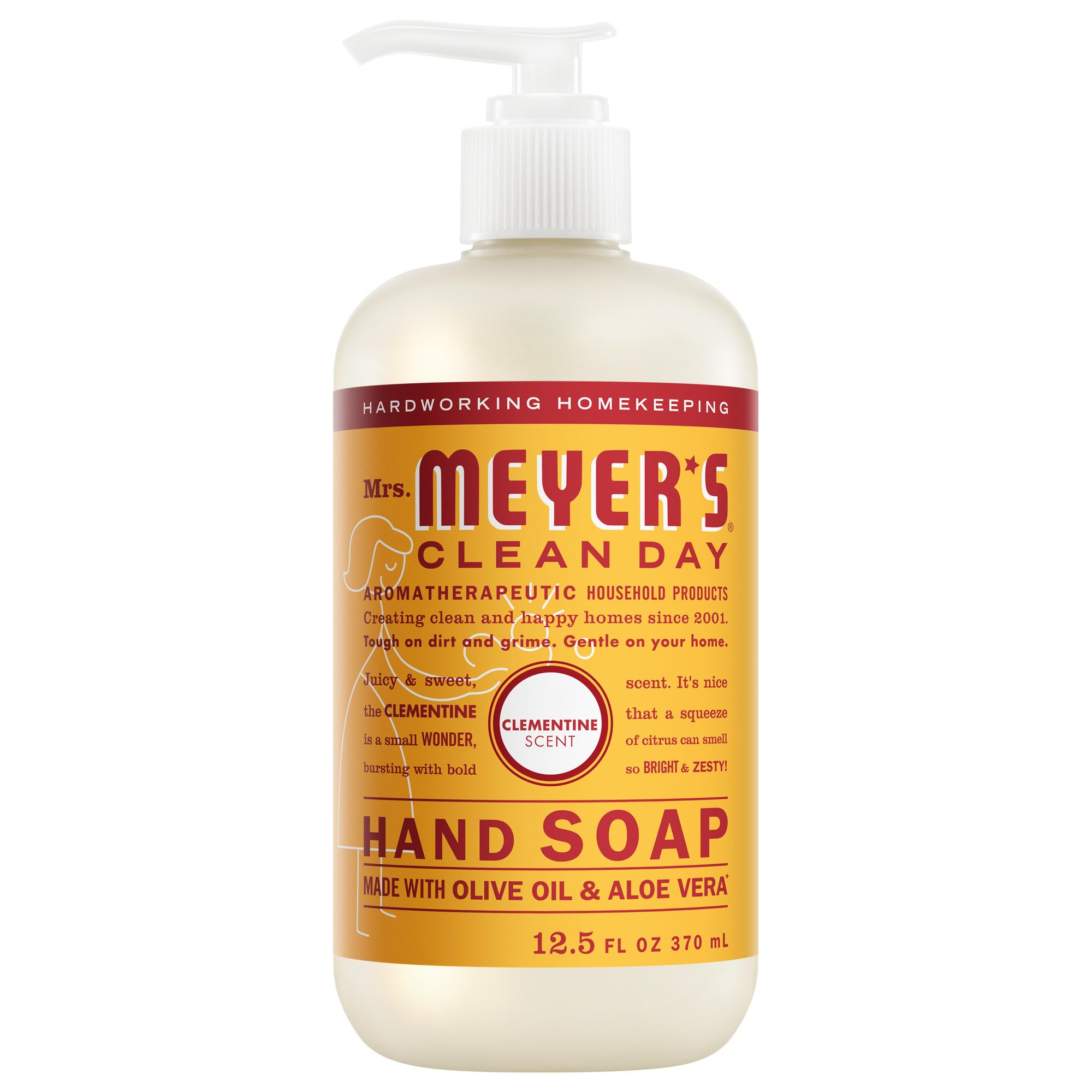 Mrs. Meyer’s Clean Day hand soap bottle shows Clementine scent and gentle cleansing.