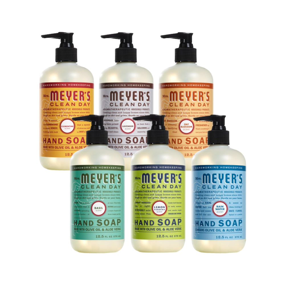 Mrs. Meyer's Clean Day Clementine hand soap bottle with a bright citrus scent for hand cleansing.