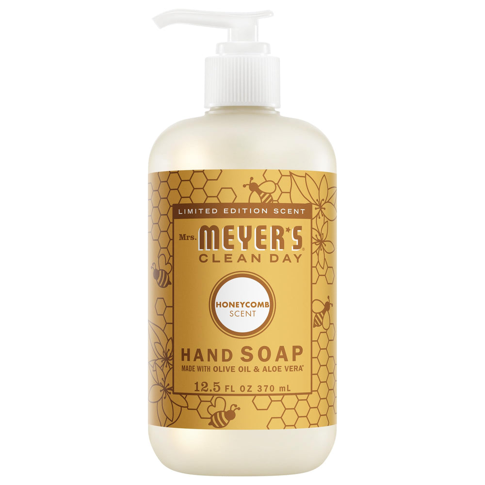 Mrs. Meyer's Clean Day Honeycomb hand soap bottle front view for gentle cleansing.