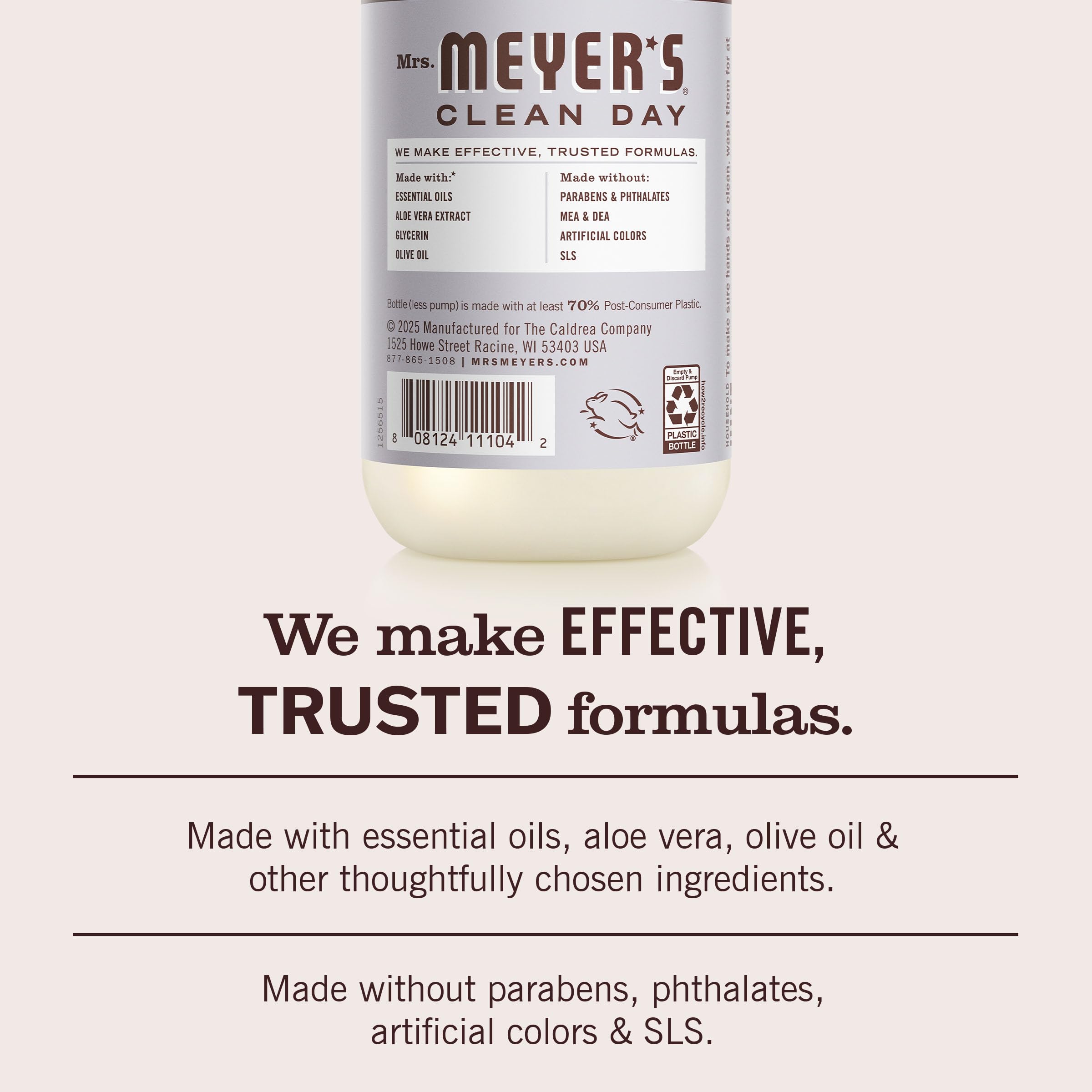 Mrs. Meyer's Clean Day Lavender bottle shows aloe vera and olive oil for skin comfort.