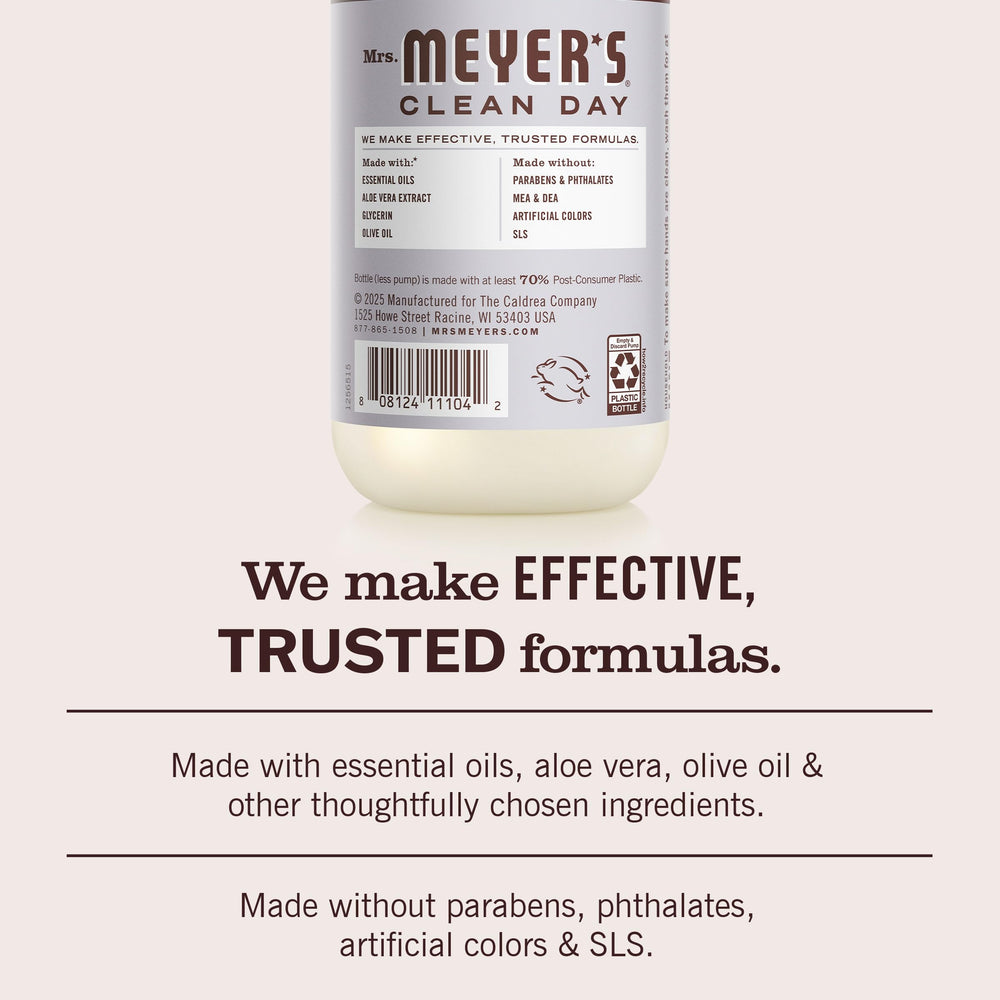 Mrs. Meyer's Clean Day Lavender bottle shows aloe vera and olive oil for skin comfort.