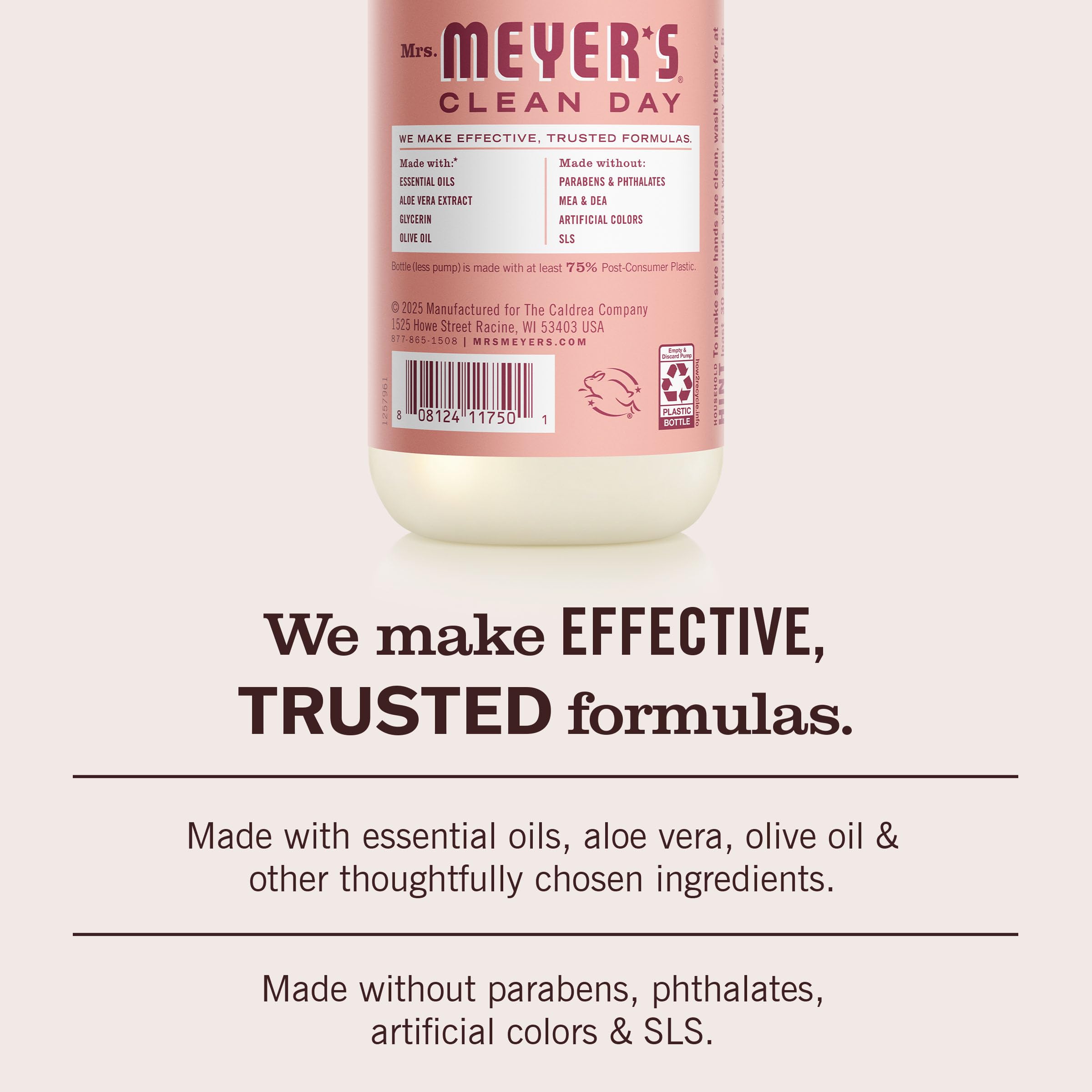 Mrs. Meyer's Clean Day Hand Soap ingredients panel featuring essential oils and aloe vera
