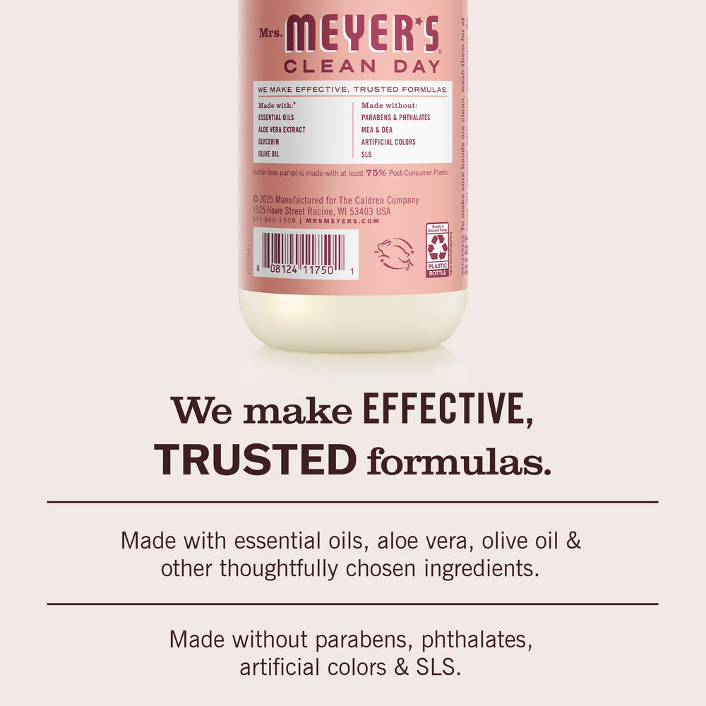 Mrs. Meyer's Clean Day Hand Soap ingredients panel featuring essential oils and aloe vera