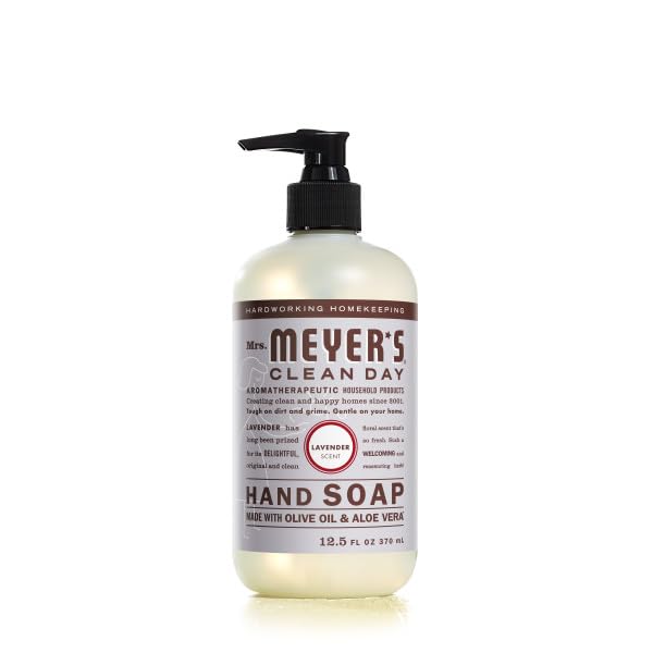 Mrs. Meyer's Clean Day Lavender hand soap bottle featuring floral fragrance for soothing hand washing.