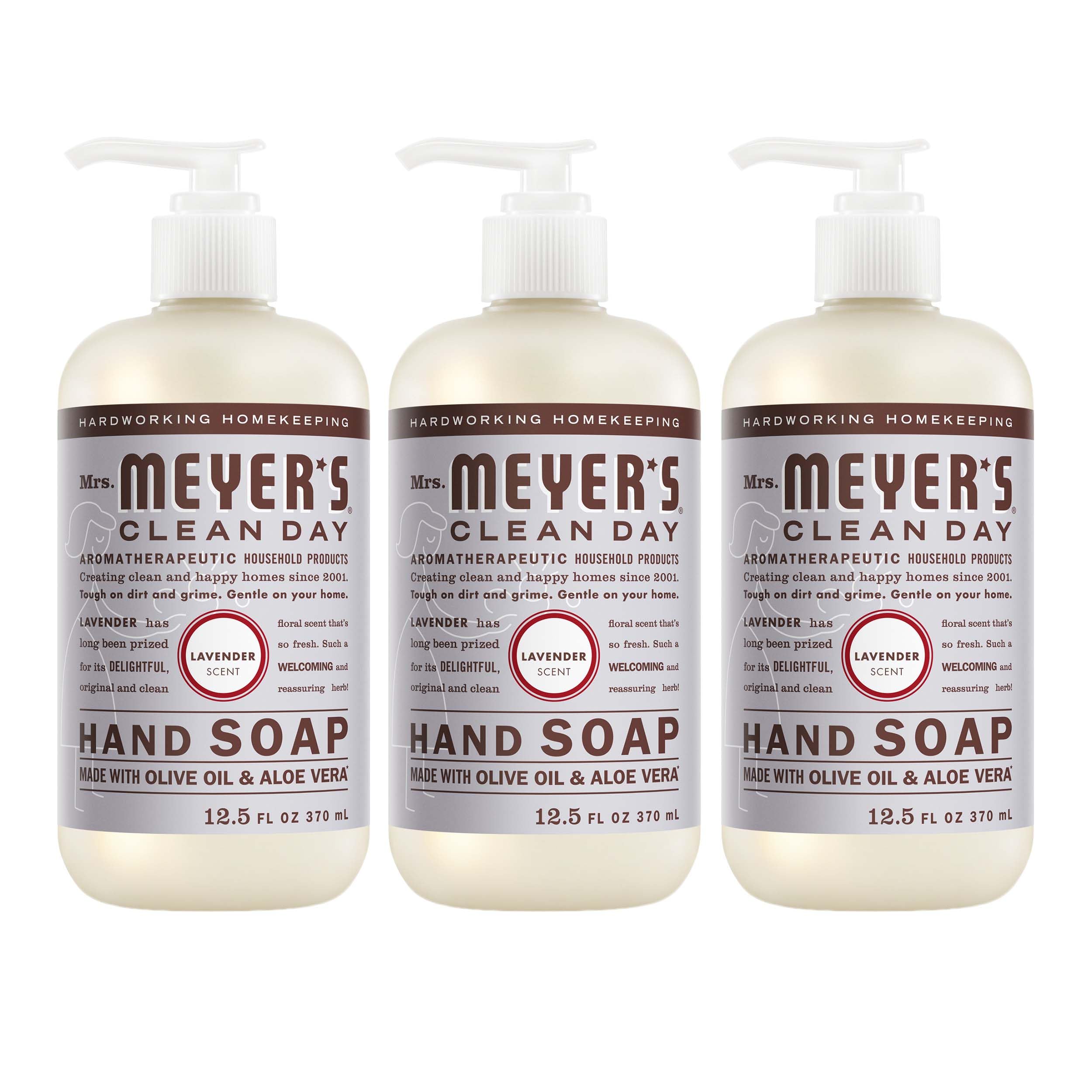 Mrs. Meyer's Clean Day Lavender hand soap bottle with soothing scent and moisturizing feel.