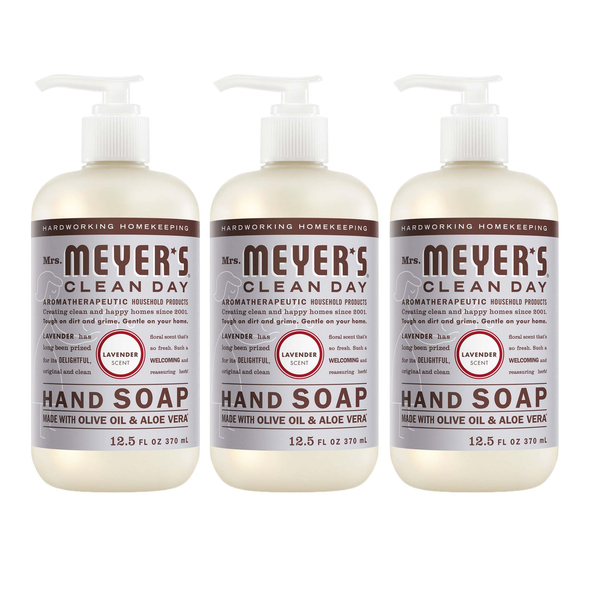 Mrs. Meyer's Clean Day Lavender hand soap bottle with soothing scent and moisturizing feel.