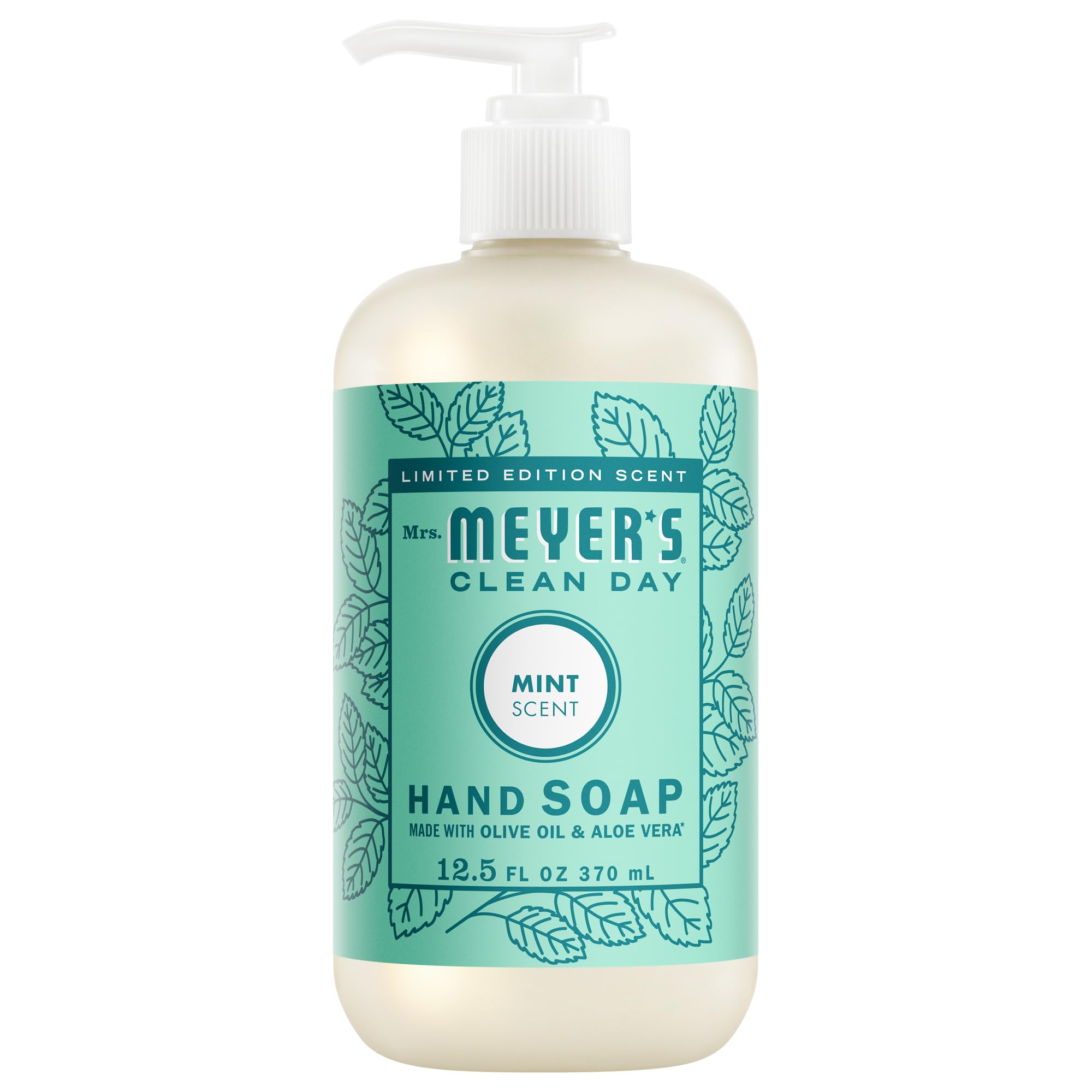 Mrs. Meyer's Clean Day Mint Hand Soap bottle with refreshing mint scent.