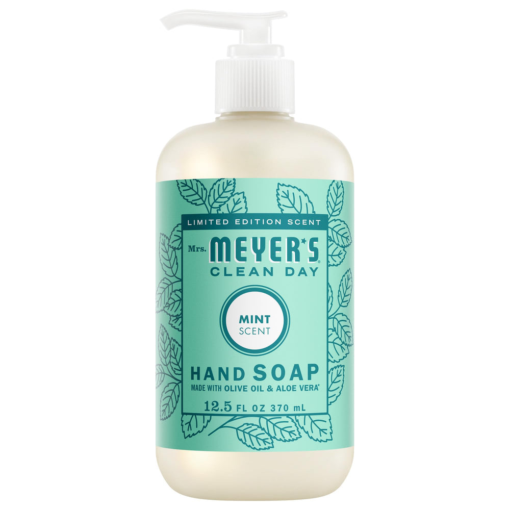 Mrs. Meyer's Clean Day Mint Hand Soap bottle with refreshing mint scent.