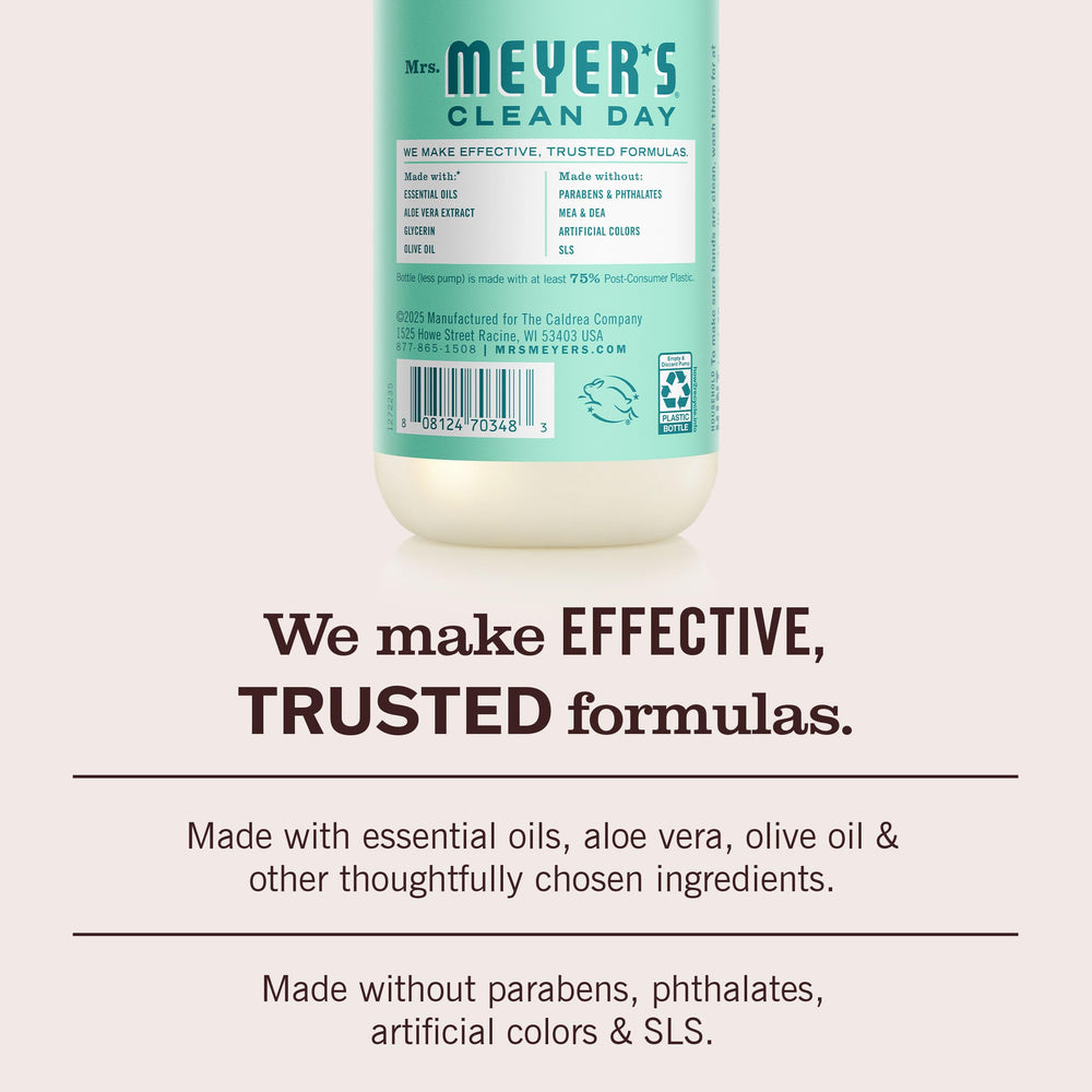 Mint notes and ingredients highlighted on Mrs. Meyer's bottle.