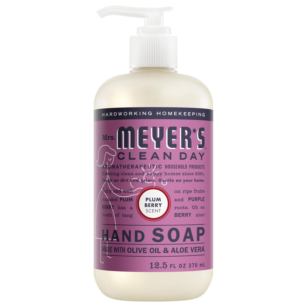 Mrs Meyer’s Clean Day Plum Berry bottle shows moisturizing hand soap.