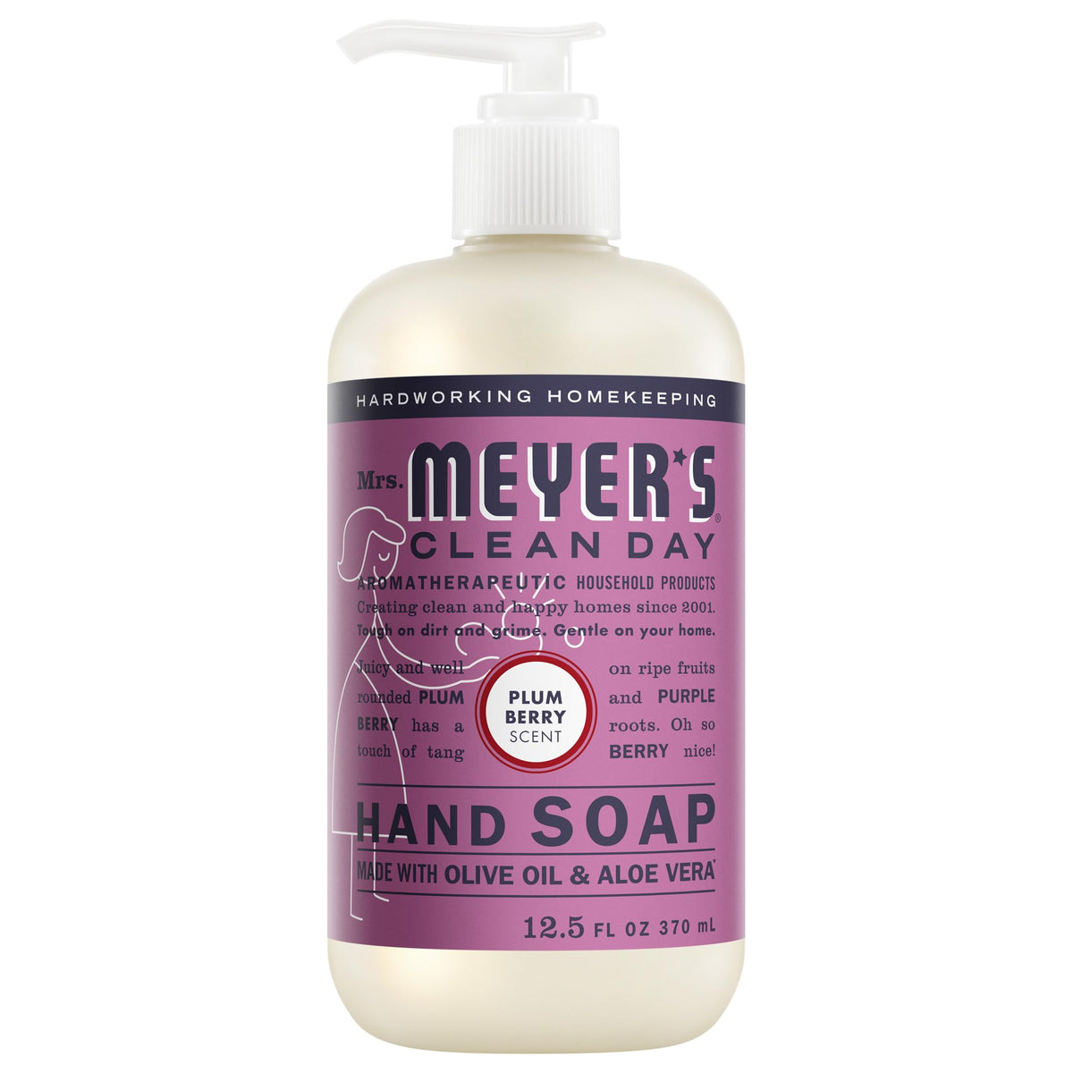 Mrs Meyer’s Clean Day Plum Berry bottle shows moisturizing hand soap.