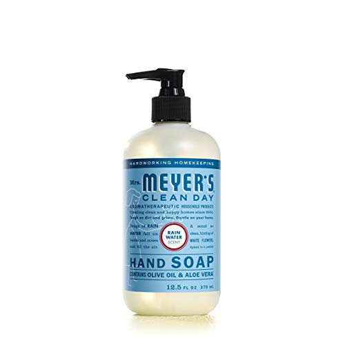 Mrs. Meyer's Clean Day Rain Water hand soap bottle with clean, fresh scent for everyday cleansing.