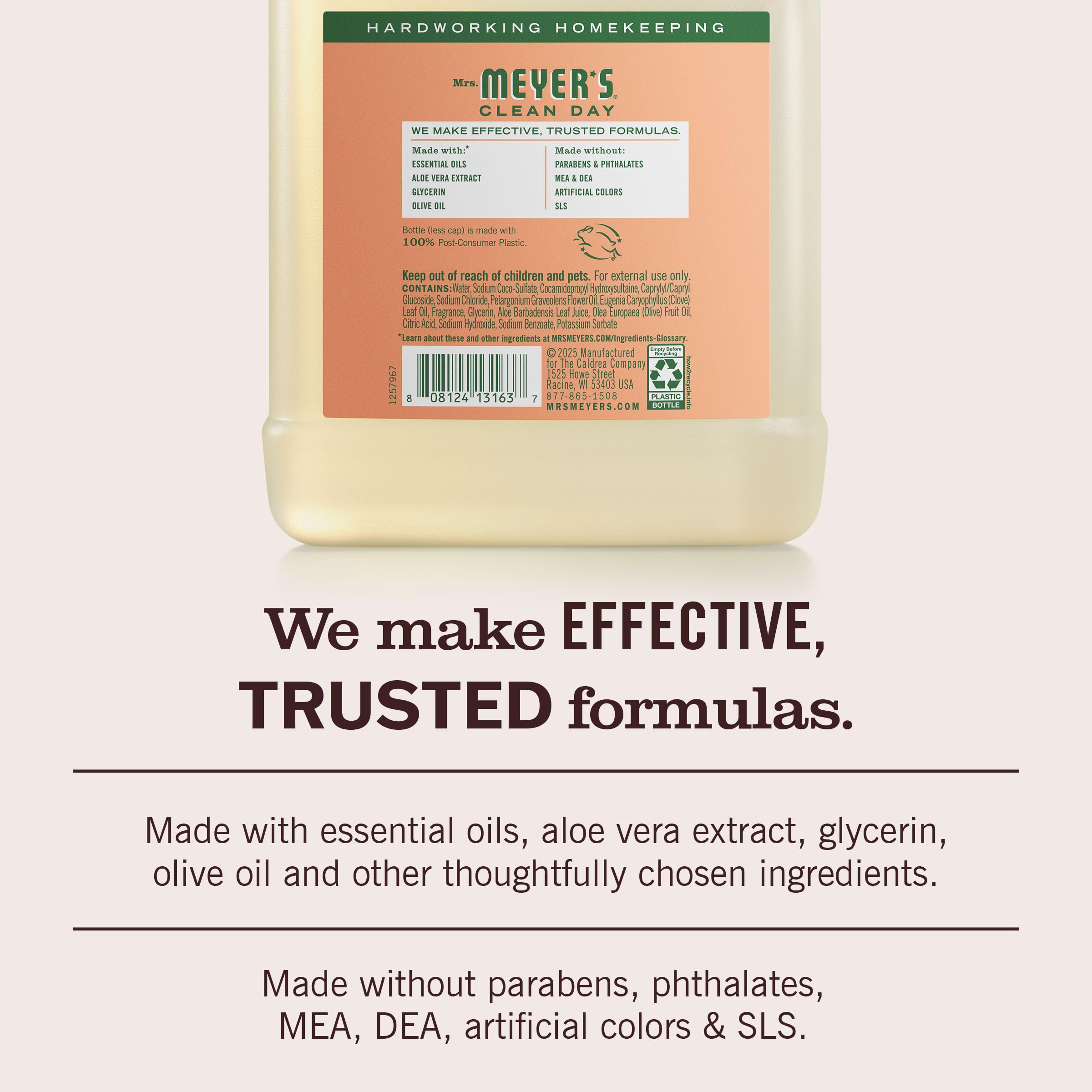 MRS. MEYER'S jabón para manos Geranio, certificado libre de crueldad.
