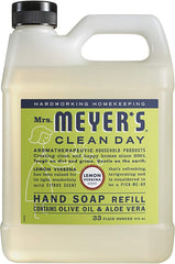 Mrs. Meyer's Lemon Verbena refill bottle pump with ergonomic grip for easy dispensing.