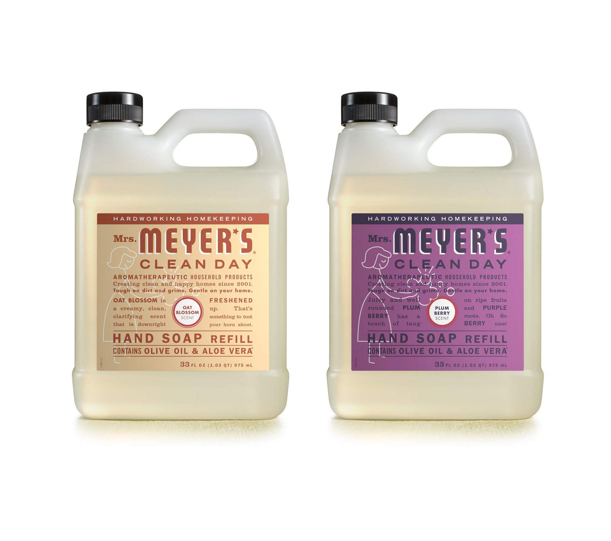 Mrs. Meyer's Clean Day Oat Blossom refill bottle close-up showing soothing aloe and olive oil.