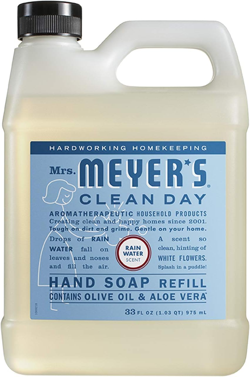 Mrs. Meyer's Rain Water refill bottle pump with ergonomic grip for convenient use.